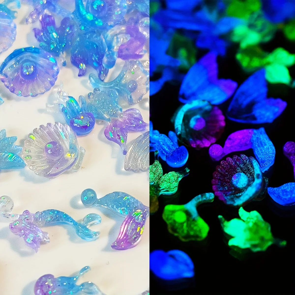 50pcs GLOW-in-the-Dark MINI Ocean Charms ชุดเปลือกหอยเงา,ปลาดาว Mermaid หางสําหรับเล็บ, โทรศัพท์กรณีเครื่องประดับ Crafting