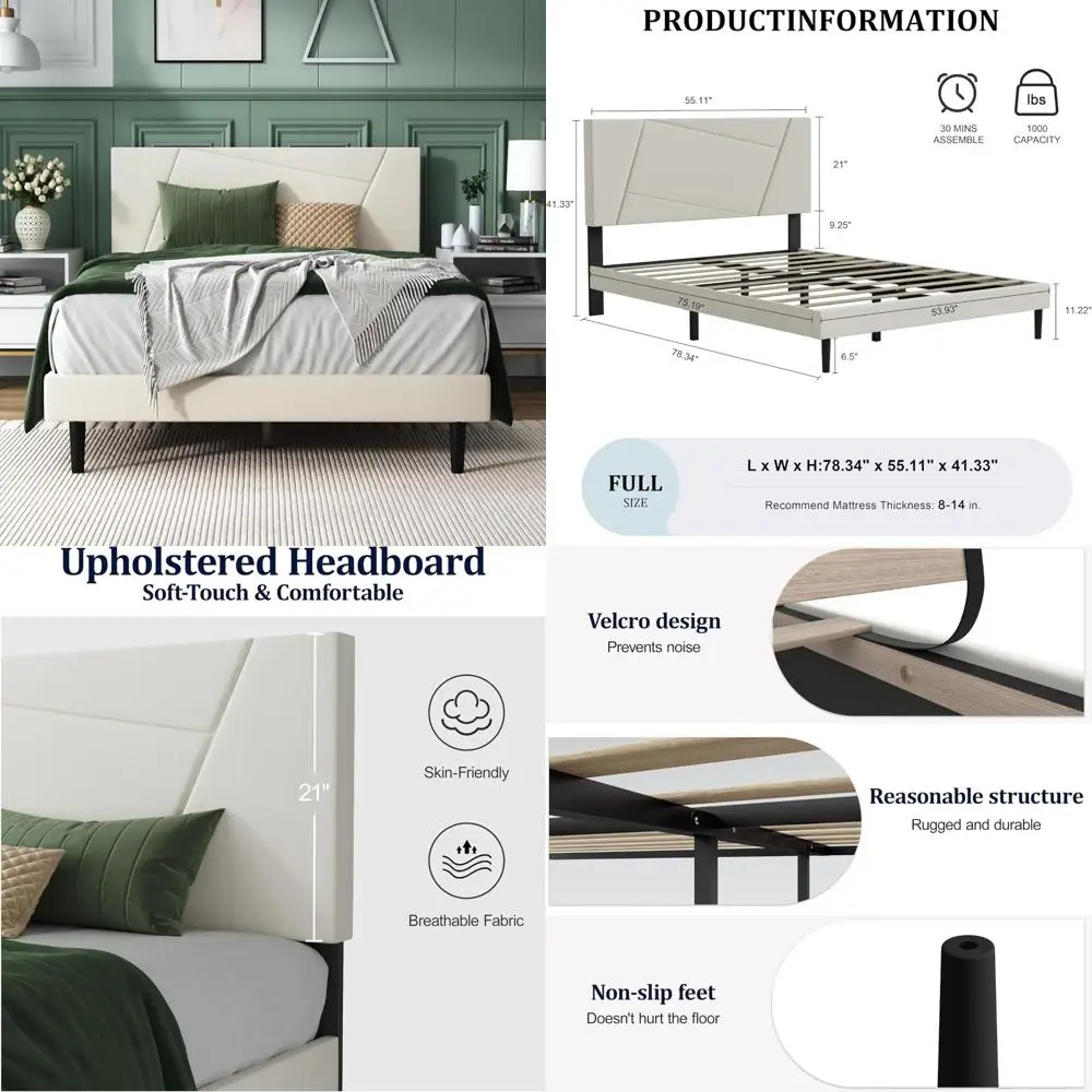 Full Size Velvet Headboard Platform Bed Frame with Geometric Design, Sturdy and Equipped with Wooden Slats for Reduced Noise