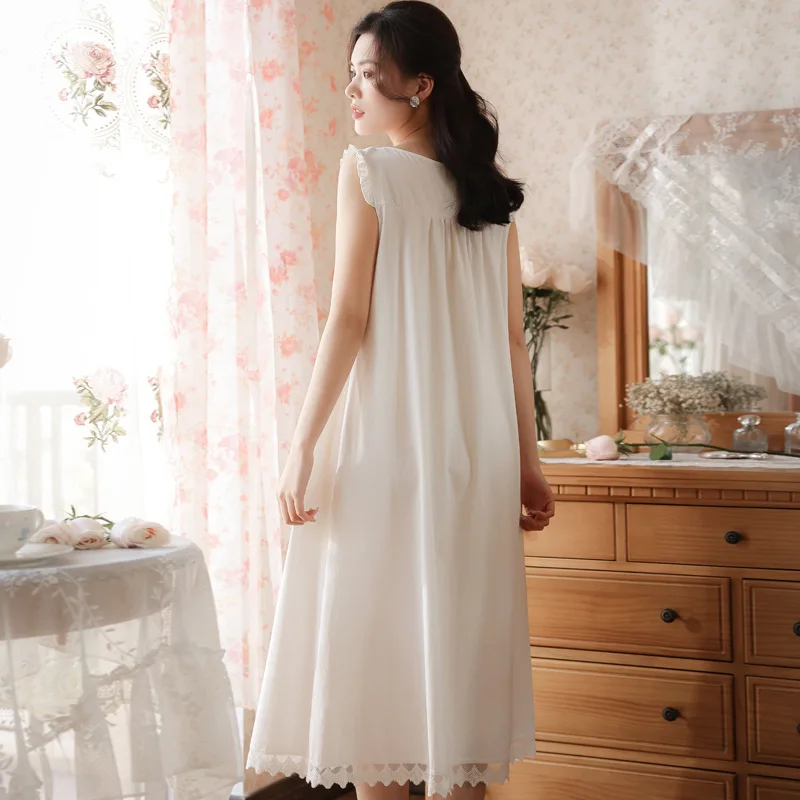 Summer Cotton Sleeveless Night Dress Women White Long Nightdress Sweet Lace Peignoir Victorian Nightgowns Princess Sleepwear