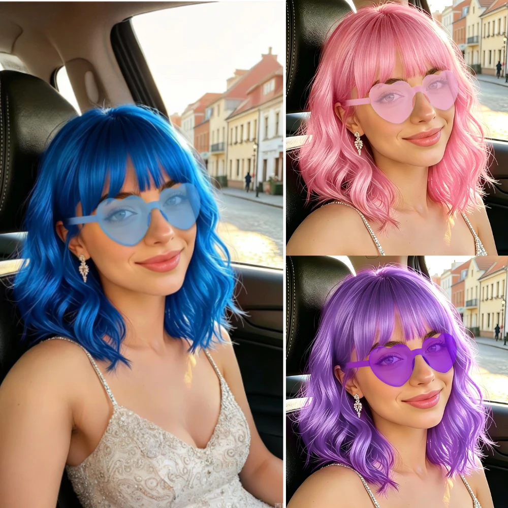 Royal Blue Wavy Bob Wig with Heart Sunglasses,Fun Hairpiece with Hair Cap for Cosplay Costume Bachelorette Party