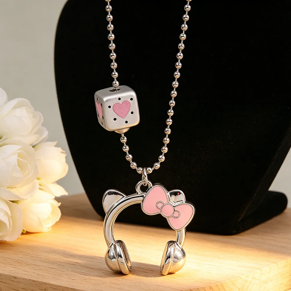 Cute Hello Kitty Ear Headphone Pendant Necklace Ball Chain with Heart Pattern Dice Bead Kawaii Daily Wear Accessories for Girls
