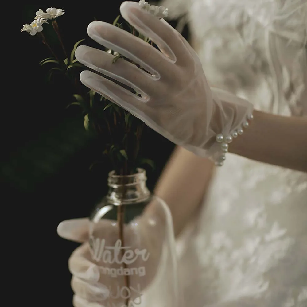 Elegant Sweet Bridal Summer Women Girl Bow Short Wedding Gloves Tulle Mittens Pearl Finger Gloves