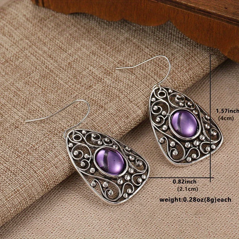 Silvery Vintage Metal Carved Hollow Pattern Pendant Earrings Set with Oval Purple Gemstone Women\'s Ethnic Style Accessories
