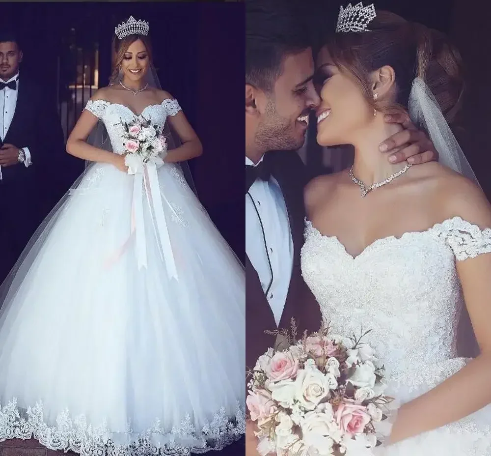 Customized Cheap Arabic A-Line Wedding Dresses Plus Size Lace Applique Off Shoulder Puffy Tulle Sweep Train Formal Bridal Gowns