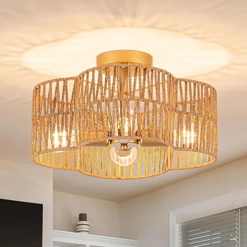 Creative Hand Woven Hemp Rope LED Ceiling Light Living Room Dining Room Bedroom Corridor Simple Atmosphere Decoration Lighting