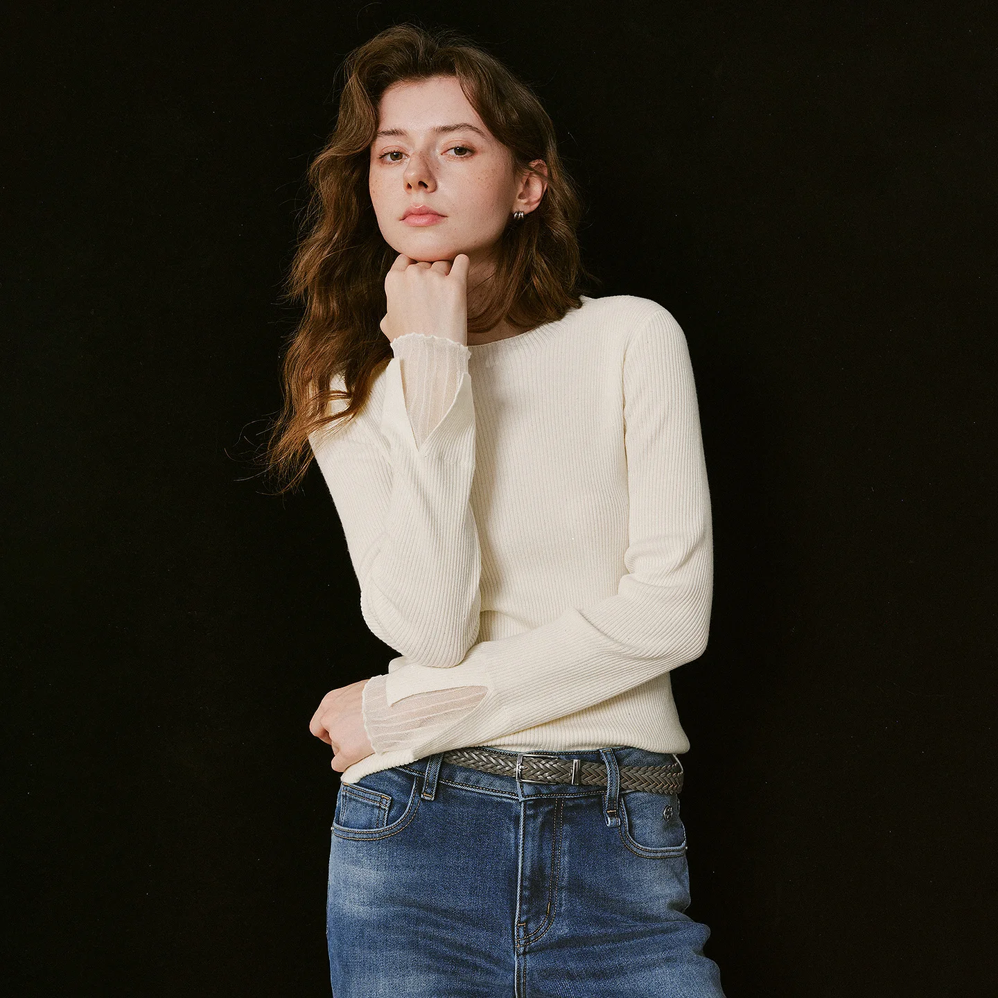 TOYOUTH Women Sweater 2026 Winter New Organza Spliced Cuff Wool Blend Sequin Yarn Slim Knit Tops