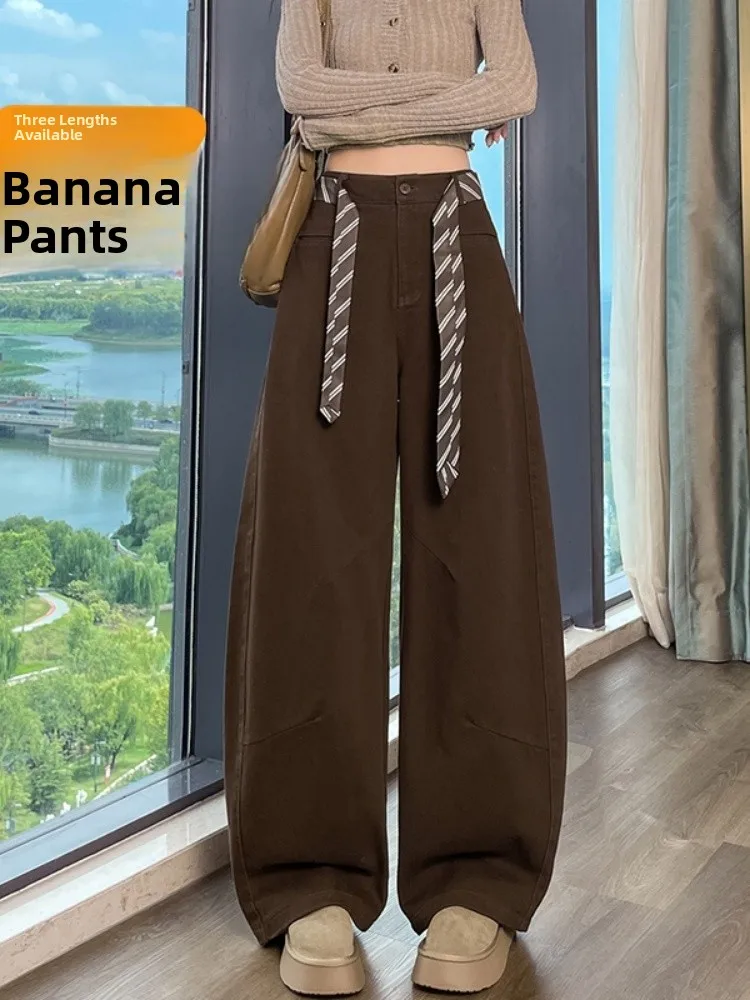 Pantaloni da lavoro casual Cé Brown Pantaloni da donna autunno inverno a gamba larga a gamba dritta Pantaloni drappeggiati americani a vita alta con dettaglio ket