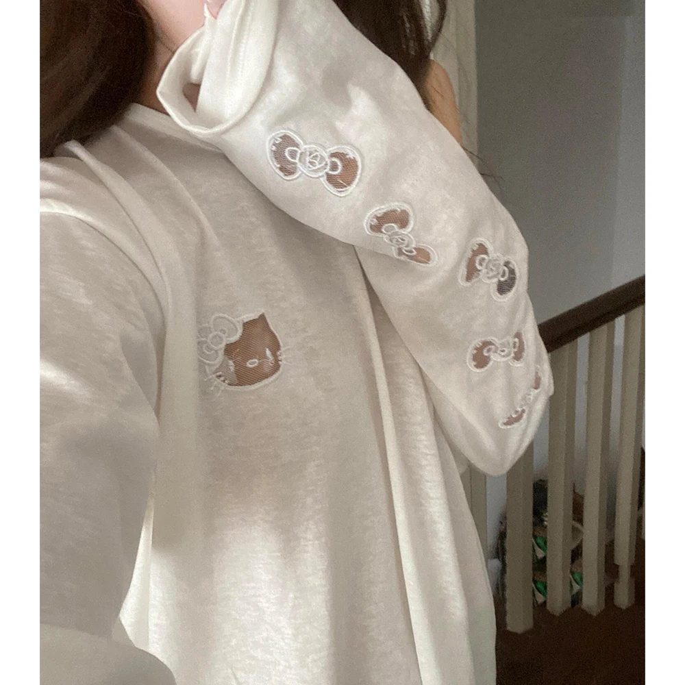 

Summer Thin Kawaii Women's Hello Kittys Long Sleeve T-Shirt Hollowed Tops Loose Versatile Tees Round Tops Y2K Girls Sexy Smock