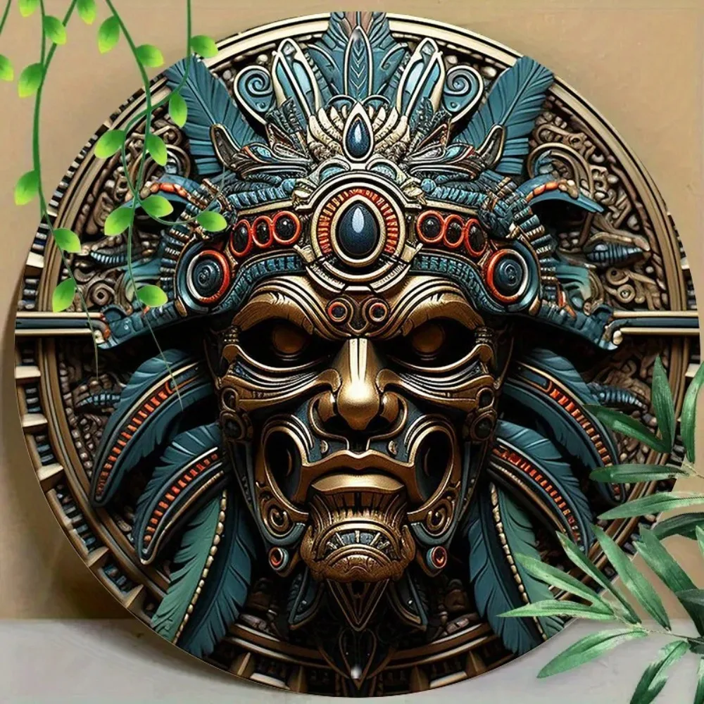 Letrero Redondo de Metal con Efecto 3D Vintage, Diseño de Máscara de Guerrero Azteca Maya, Placa Decorativa de Pared con Temática Tribal de Civilización Antigua, Resistente al Agua