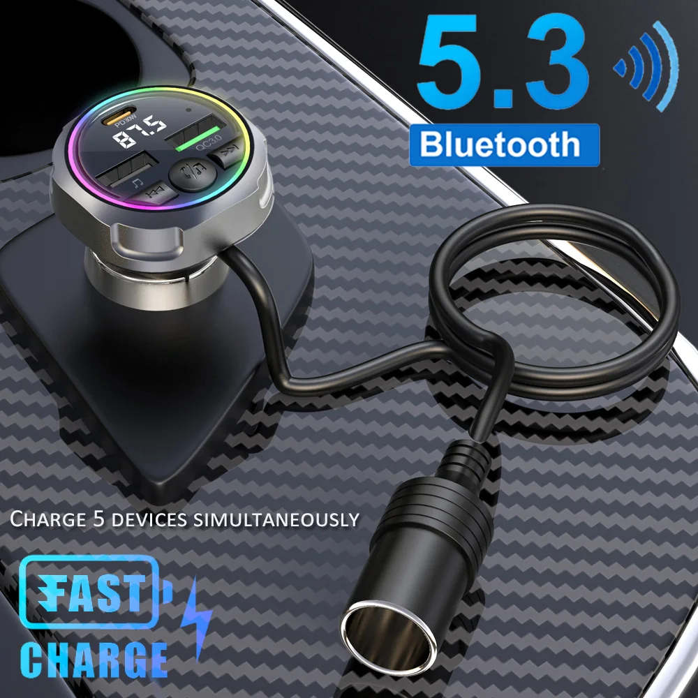 سيارة بلوتوث 5.3 استقبال الارسال سماعة لاسلكية تعمل بالبلوتوث سيارة محول مشغل MP3 يدوي دعوة المزدوج USB PD شاحن سريع LED #1