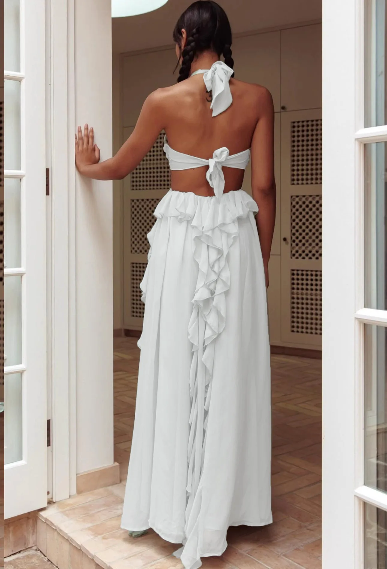 UNI Luxus-Damen-Ballkleid mit Ausschnitt, ärmellos, zum Binden hinten, einfarbig, Rüschen, langes Kleid, Sommer-Partykleid