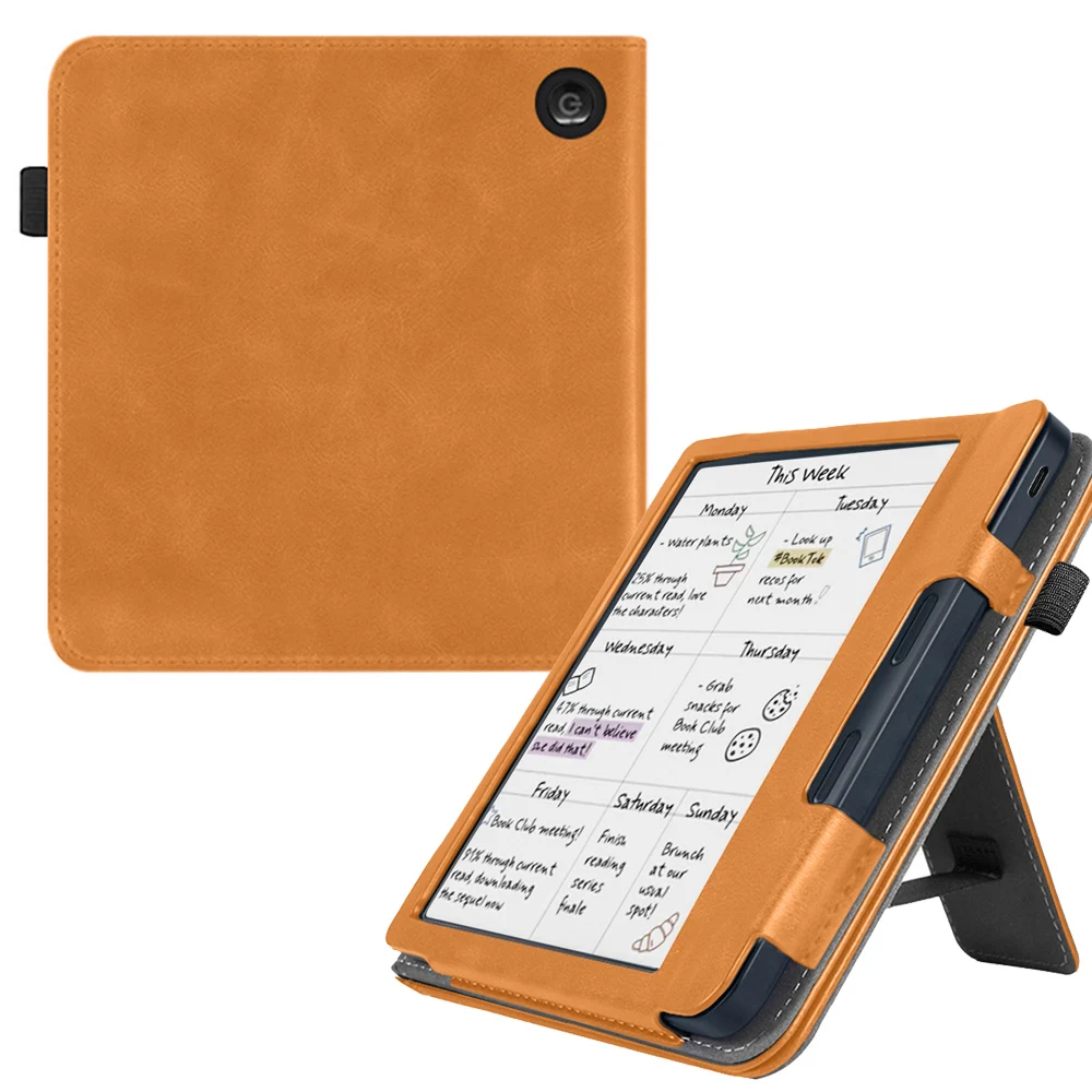 For Kobo Libra Colour Case Kickstand PU Leather E-Reader Cover with Hand Strap - Brown