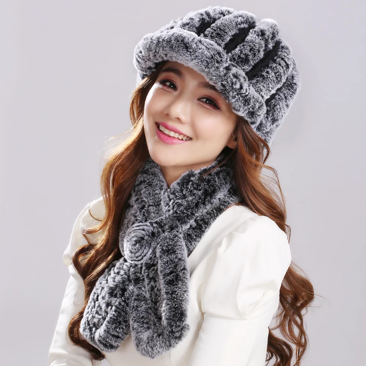 winter-thiened-rabbit-fur-hat-scarf-set-women's-dubill-cap-floral-scarf-warm-ladies'-leather-hat-faionable-accories