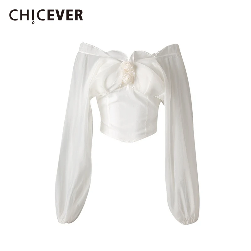 

CHICEVER White Spliced Flower Shirt Female Slash Neck Long Sleeve Slimming Basics Women's Shirts Summer Style Fashion Clothing