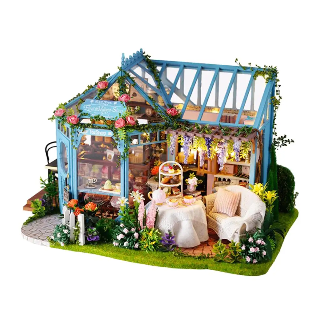 DIY Wooden Miniature Dollhouse Patio Toy Kits with Music Movements & Lights, Assembling Birthday Toy Gift for Children Teens