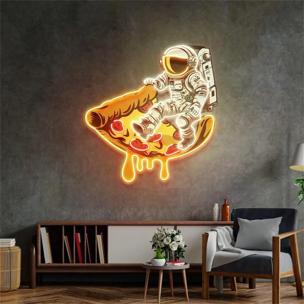 Astronaut on PizzaNeon Signs LED Neon Light Sign Light Up Neon Signs for Pizza Restaurant Food Truck Living Room, Party 24in