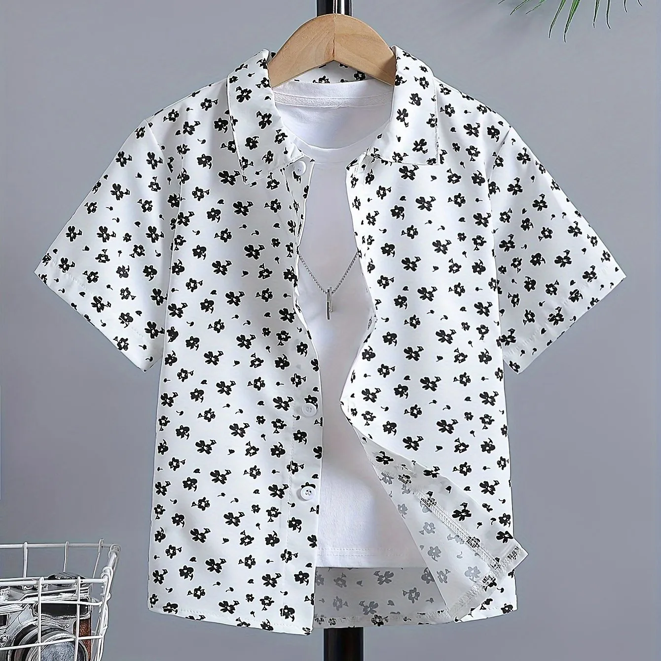 Camicia creativa per ragazzi con stampa scozzese a righe bianche nere Camicia casual a maniche corte con risvolto Top Vestiti per ragazzi Bambini Estate all'aperto