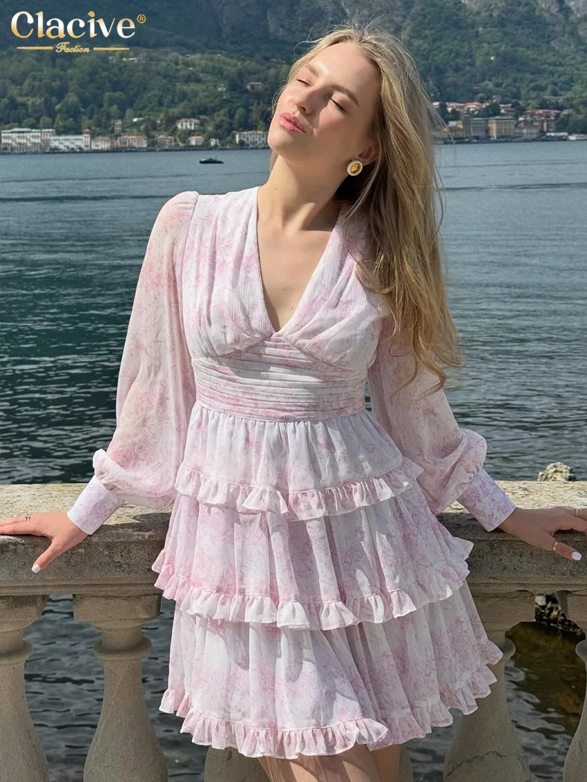 

Clacive Fashion Loose Print Women's Dress Autumn V-Neck Long Sleeve Mini Dresses Elegant Classic High Waist Ruffles Female Dress