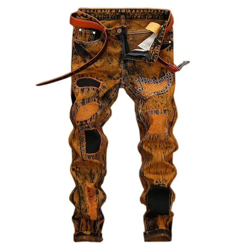 

Pop Streetwear Men's Vintage Jeans Personalized Hole Moto Ripped Patchwork Punk Biker Denim Trousers Male (No Belt)