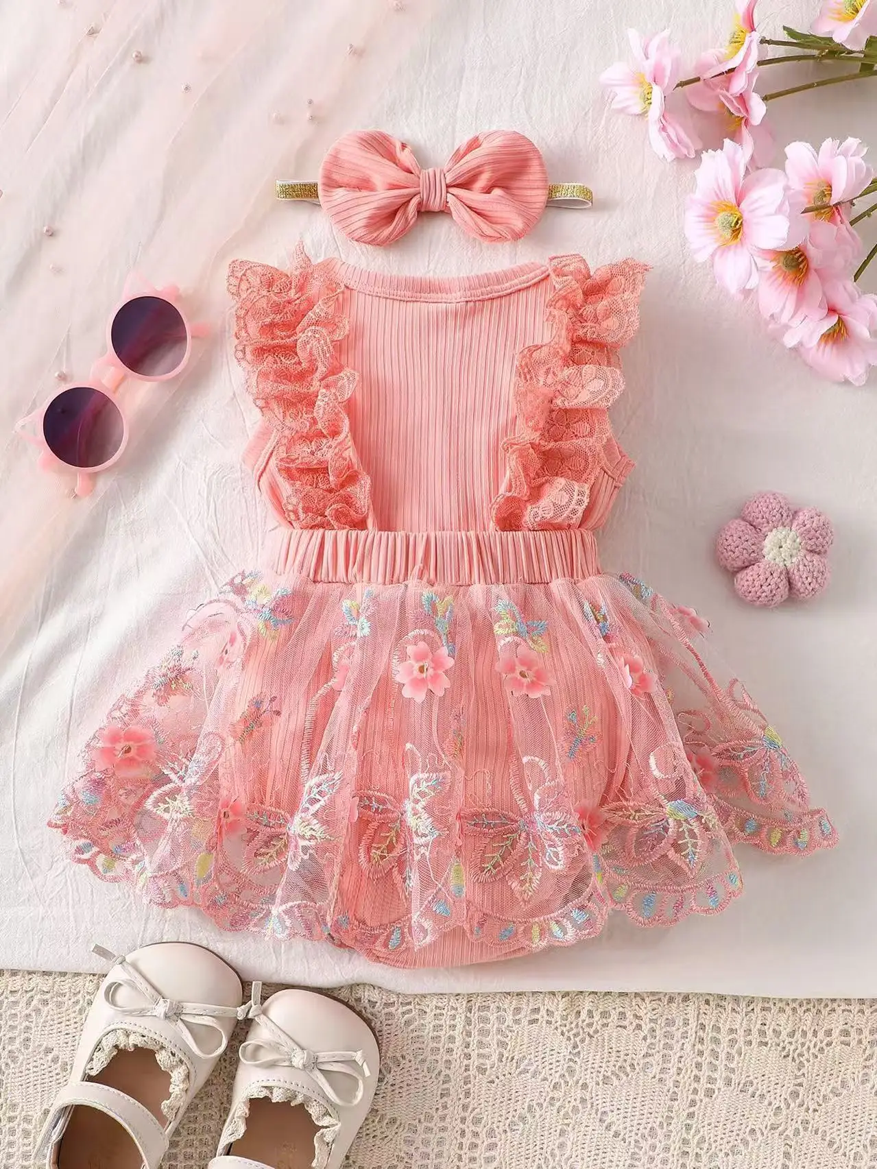Baby Girl Lace Embroidery Mesh Dress Set with Bow Hairband, Ruffle Sleeves, Sweet Princess Style Floral Party Dress