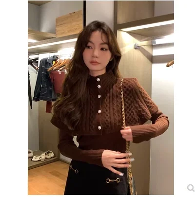 

Knit Suit Long Sleeve V-neck Pullovers Half High Collar Single Breasted Shawl Tops Outfits Solid Color Sweater 2 Piece Set Women