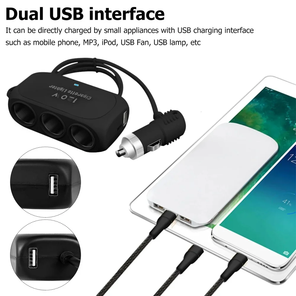 120W Dual USB Socket 3 in 1 Car Cigarette Lighter Splitter 12V 24V Fast Charger Plug Phone Power Adapter for Car DVR GPS Dashcam