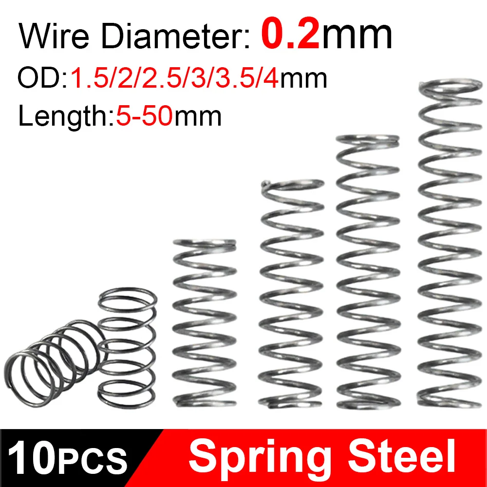 10Pcs Spring Steel Small Compression Springs WD 0.2mm OD 1.5/2/2.5/3/3.5/4mm Length 5-50mm Return Spring Hardware Accessories