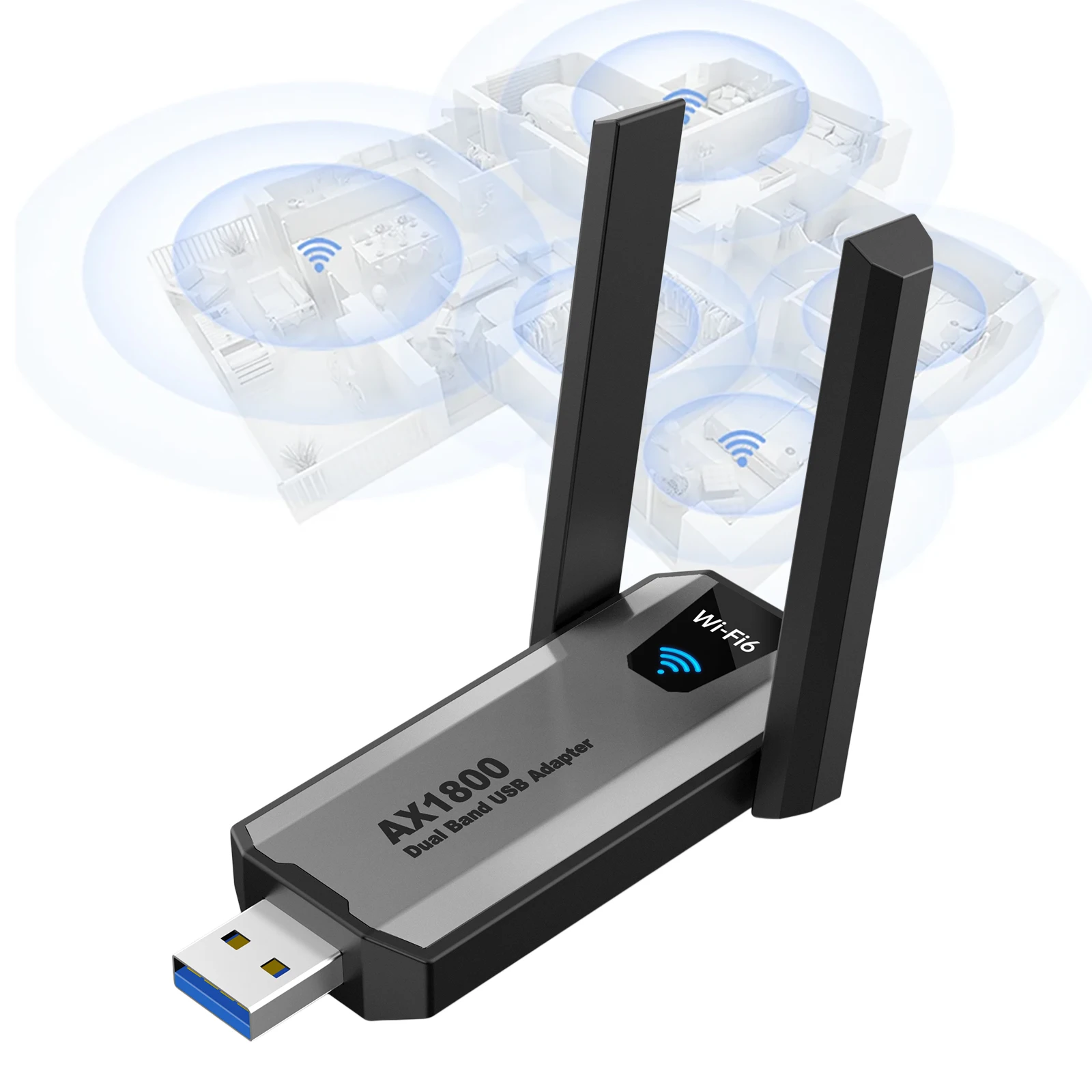 USB3.0 Wifi6 1800Mbps Adapter Dual-Band 2.4G/5GHz Receiver Transmitter Dongle Receiver for Desktop PC Laptop Gaming Office