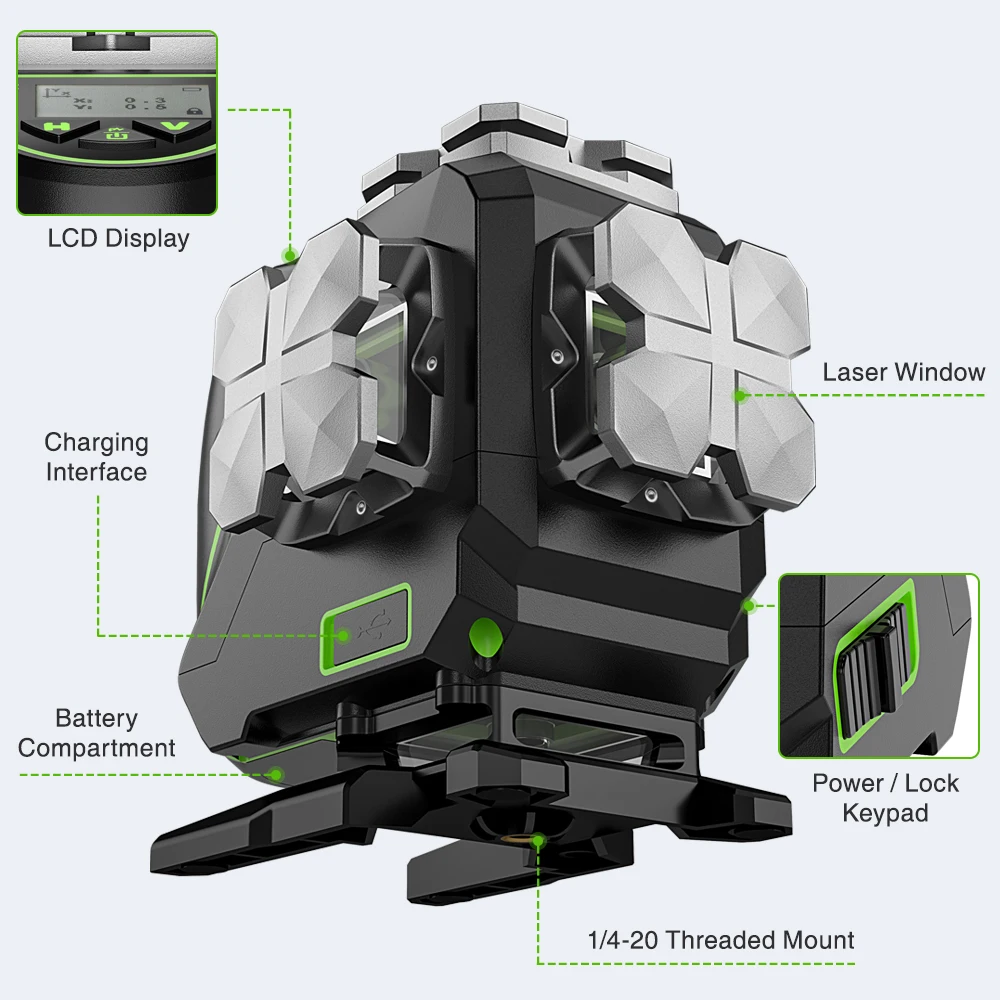 Huepar 12 Lines 3D Cross Line Laser Level LCD Display Bluetooth & Remote Control Functions Green Beam With Hard Carry Case S03DG