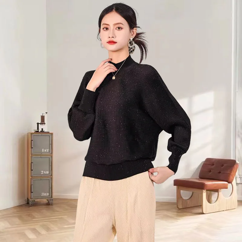 Miyake Pleated Sweatshirt Premium Feeling Fine Glitter Sweatshirt Women 2025 Autumn Versatile Casual High Stretch Loose Top