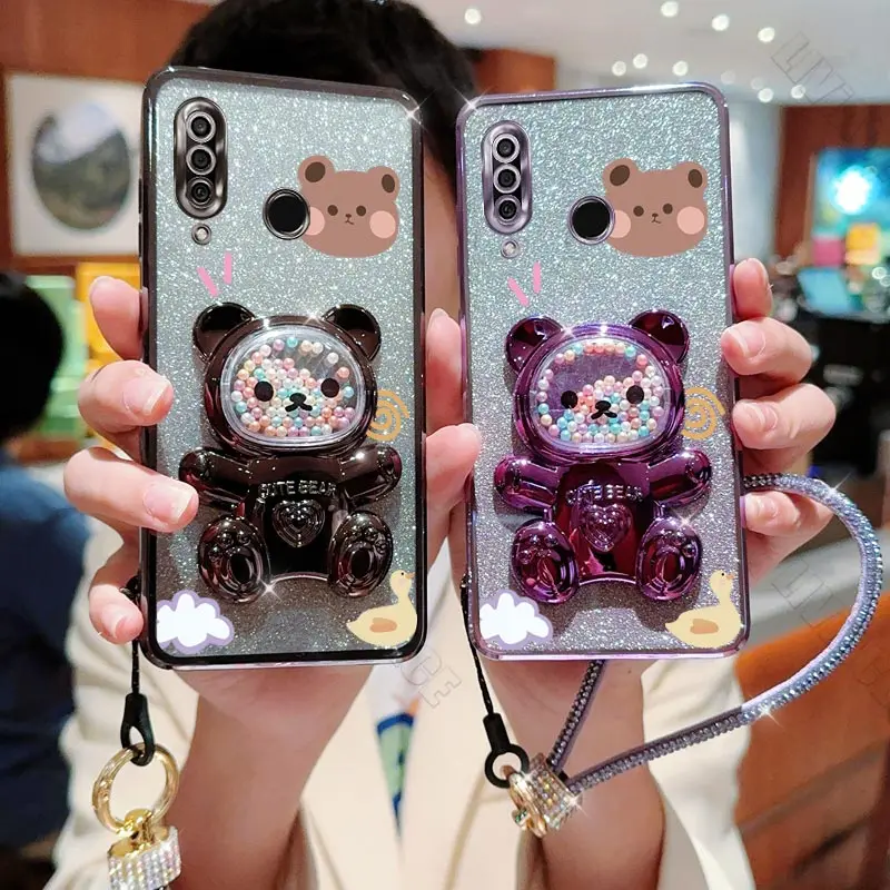 P30 P40 Diamond Strap Bear Patten Phone Holder Case On For Huawei P30 P40 P50 P60 Lite Mate 30 30E 40 40E 50 60 Pro Stand Cover