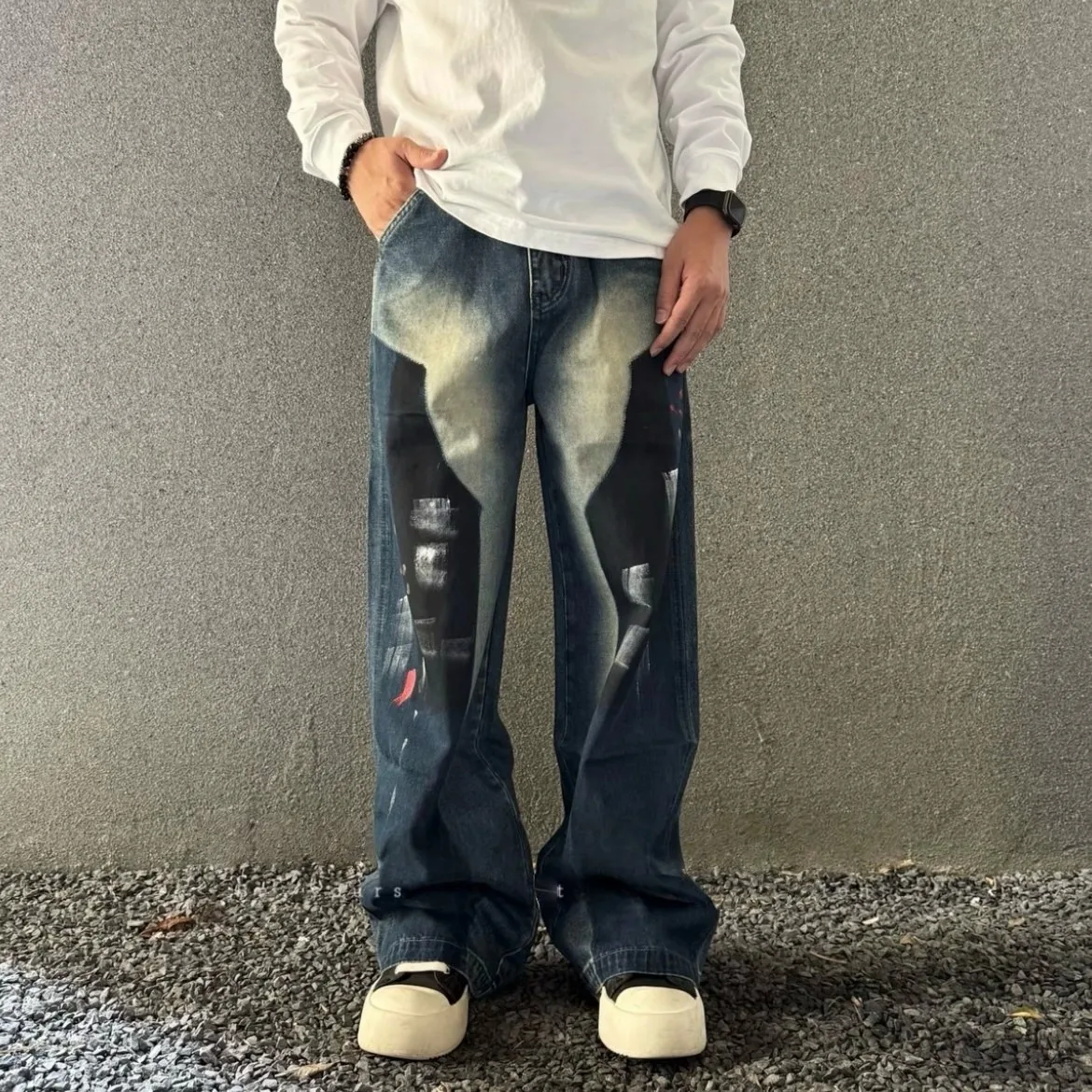 

Retro American Waed fiti Distred Jeans Loose Wide Leg Trousers Men's Trendy Brand Street Sle Straight Cut Long Pants