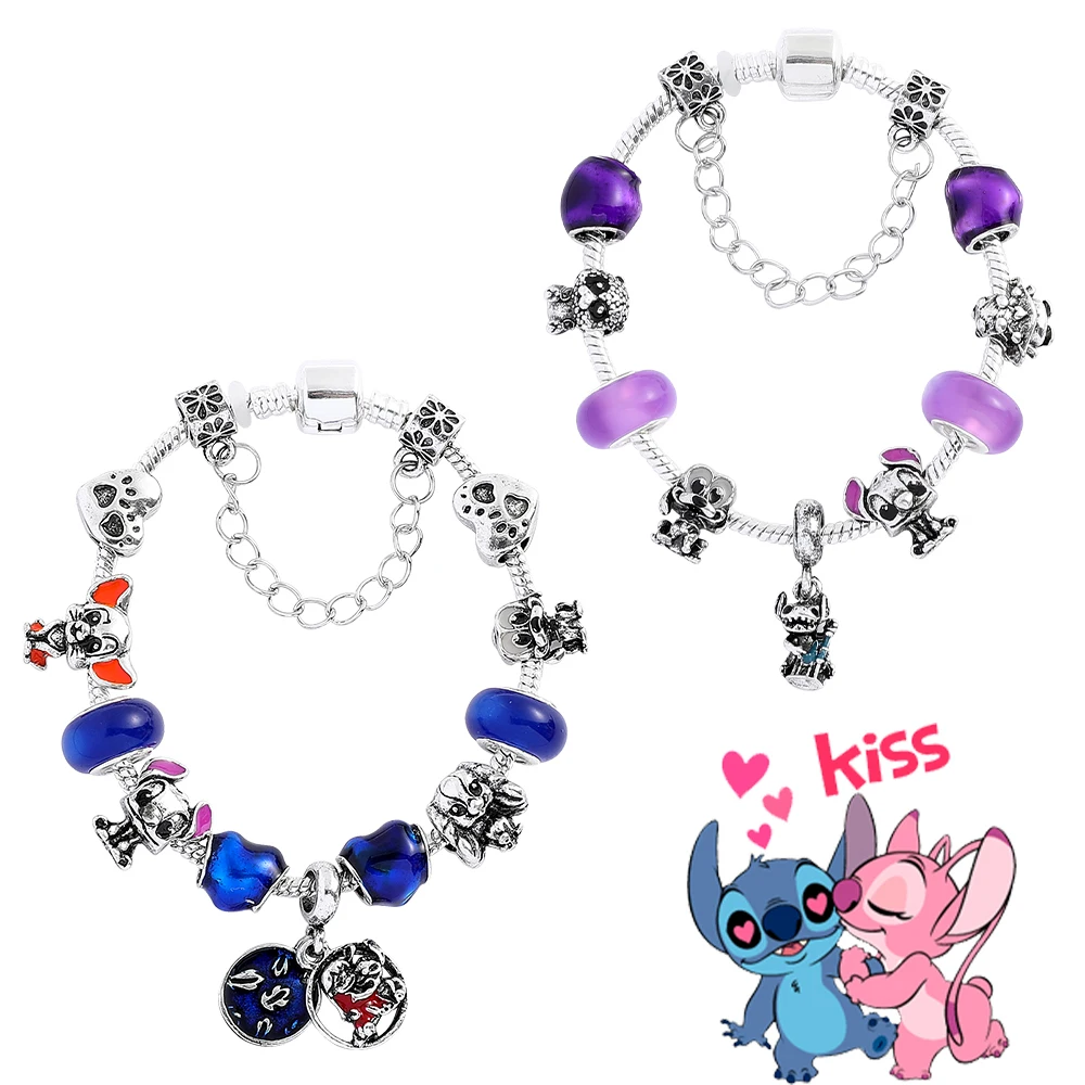 Pulsera de Stitch para Niñas, Linda Pulsera con Dijes de Lilo y Stitch, Cuentas Azules, Color Plateado