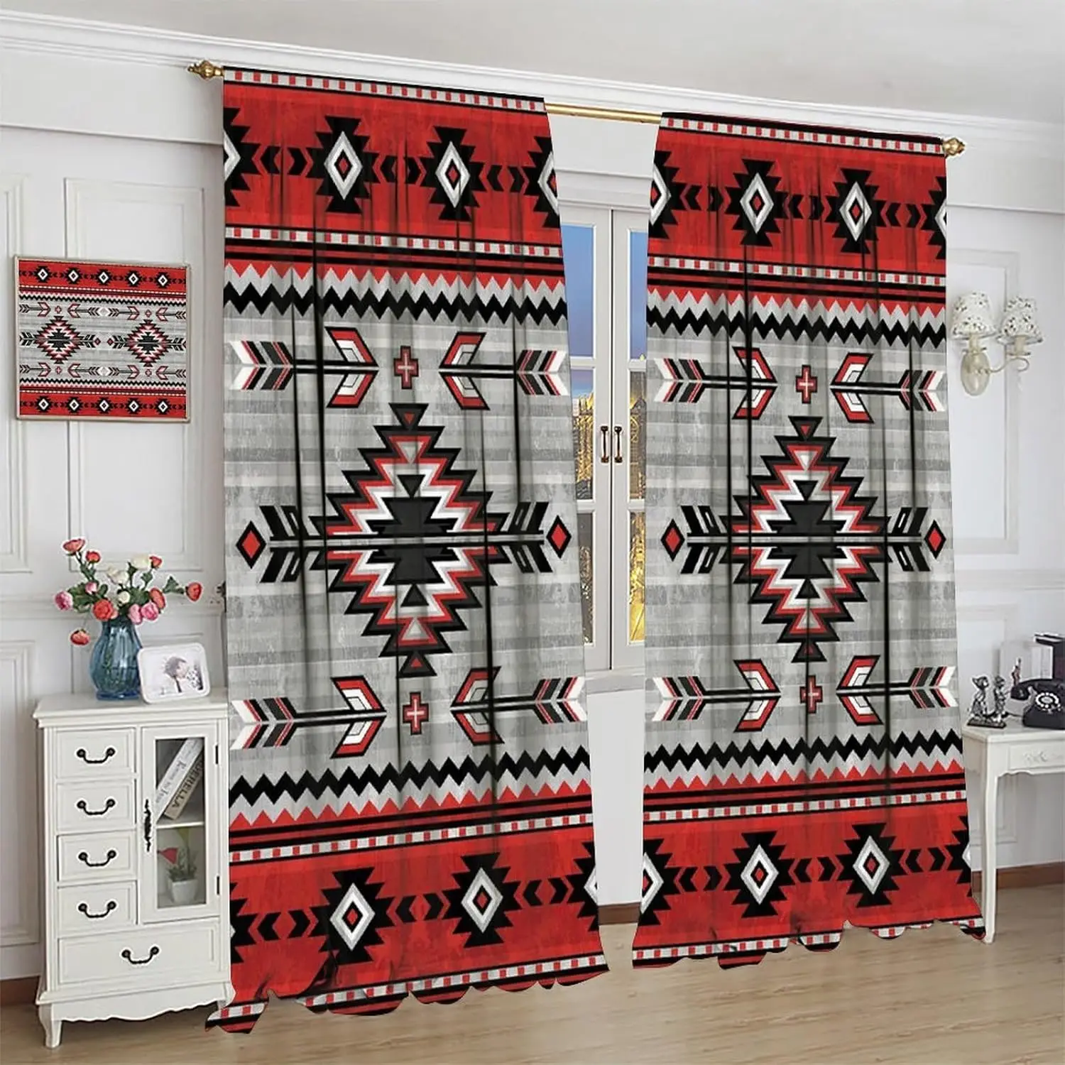 Aztec Decor Window Curtain，Native American Indian Ornament Pattern Ethnic Texture Tribal Aztec Pattern Mexican for Home Kitchen