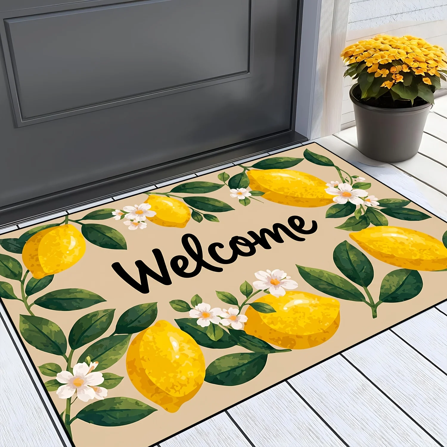 Welcome Mat Lemon Yellow Citrus Floral Door Decor Spring Summer Housewarming Gift Tropical Fruit Pattern Indoor Outdoor Entryway