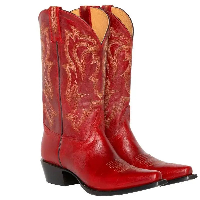 النساء أحذية رعاة البقر الحمراء المطرزة حذاء بكعب سميك الانزلاق على حجم 34-43 الأحذية النسائية الأحذية الغربية الرجعية #2