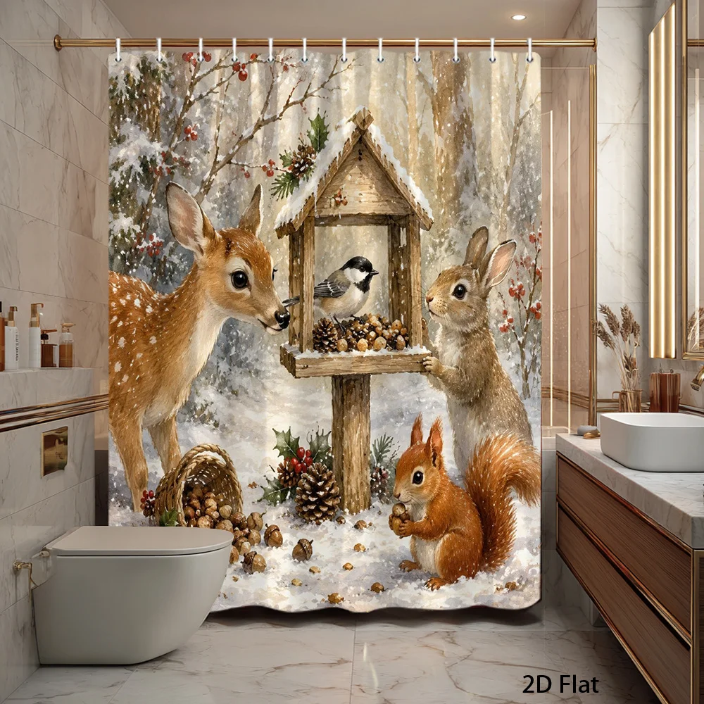 Winter Forest Shower Curtain, Cute Deer Rabbit Squirrel And Bird At Snowy Bird Feeder, Fun Curtain for Family Bathroom Interior