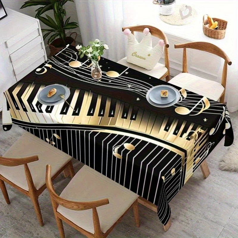Tablecloth 1pc Piano-themed Polyester Tablecloth - Black and Gold Keyboard Design with Sheet Music.PMJ