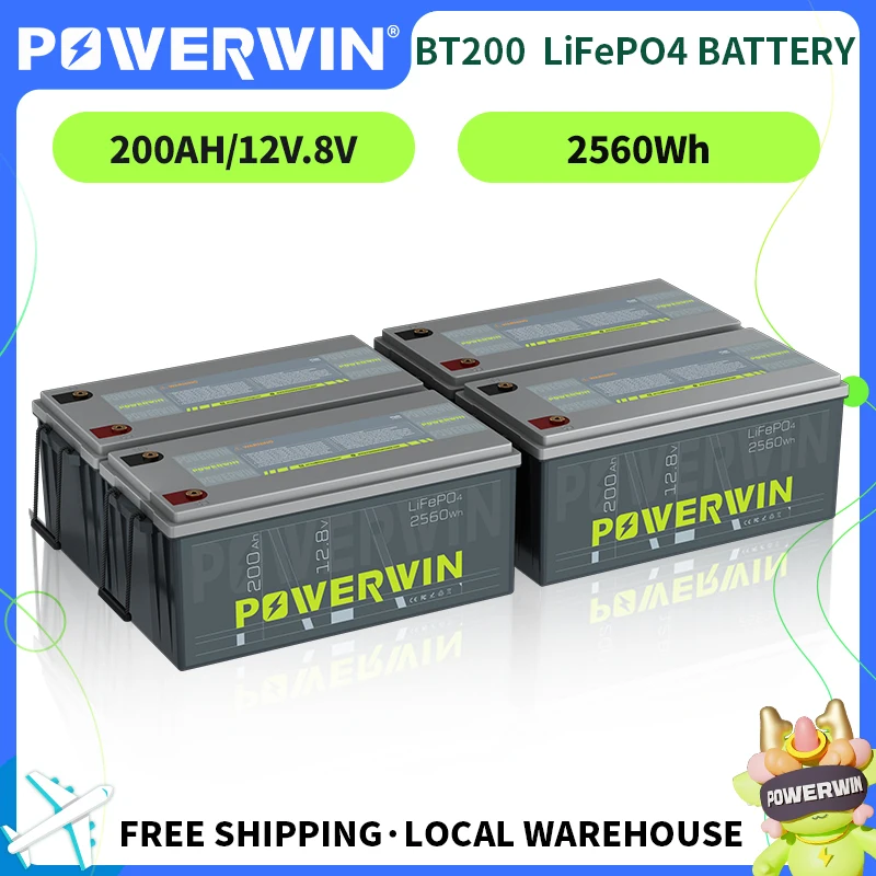 

POWERWIN 12 В 200 Ач класс LiFePO4 аккумулятор BT200 2560 Втч встроенный BMS 200A 4000 + глубокий цикл лодка солнечная перезаряжаемая рыба (4 шт.)