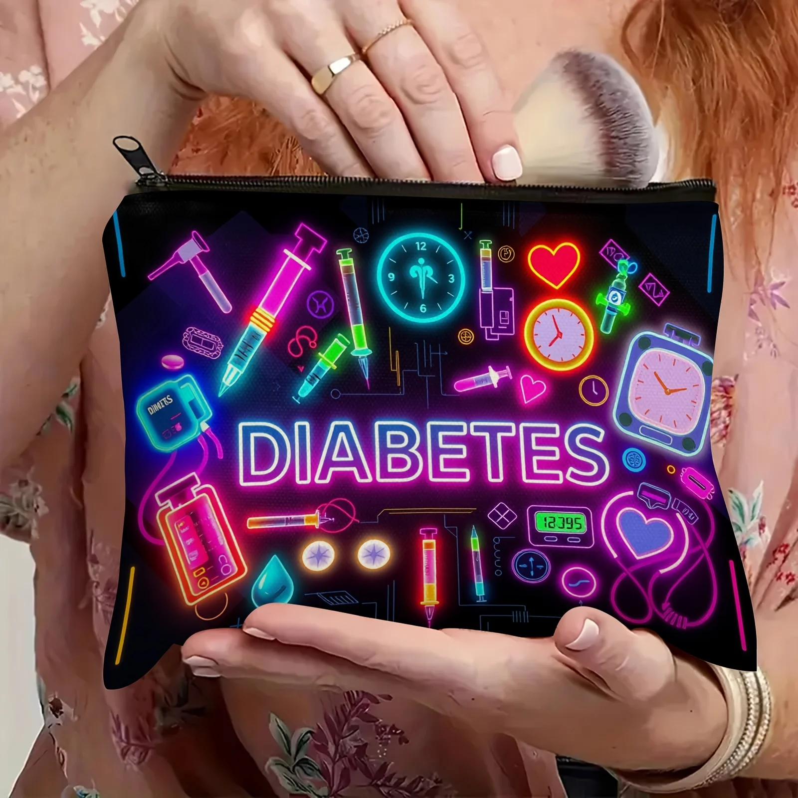 Travel Makeup Bag - Stylish Zipper Design - Featuring Icons for Blood Glucose Meters/insulin and Medications