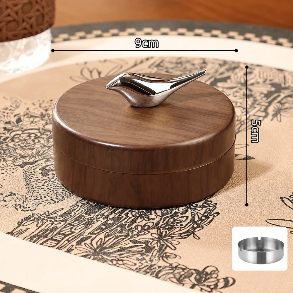 Stainless Steel Liner Bird-Shaped Ashtray With Lid Windproof Design Wood-Grain Ash Tray Wood-Grain Finish Lid Ashtray