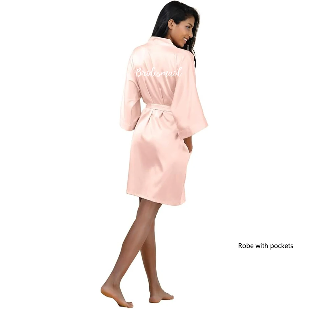 Light Blue Women's Satin Robe Short Kimono for Bride & Bridesmaid With White Letter, Wedding Party Robes