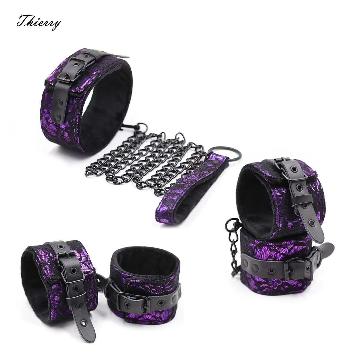 Thierry Lace Plush Leather Bondage Set Handcuffs Wrist Ankle Cuffs  Neck Collar Sex Toys Adult Games Restraints BDSM for Women