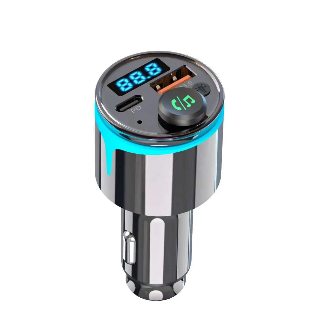 Full Metal Glossy Gunmetal Car Bluetooth FM Modulator 48W Output Fast Charger Circular Atmosphere Light MP3 Player