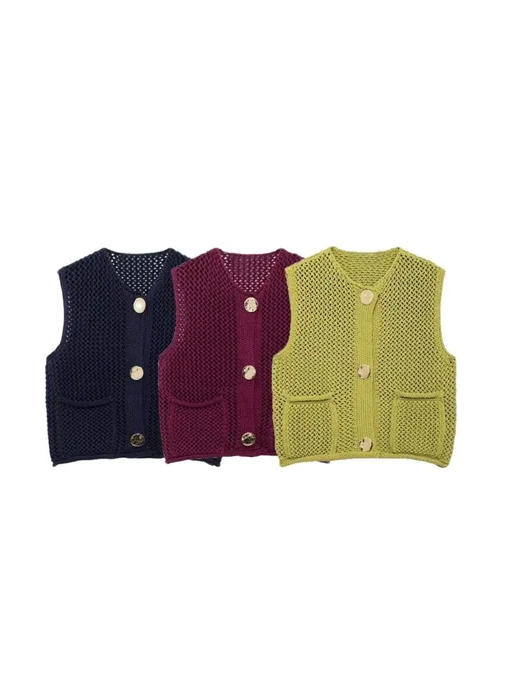 

GELITAYIN TRZA-Women's Knitted Vest Sweater With Golden Buttons, O-Neck, Sleeveless, Patch Pockets, Female Outerwear, Chic Tops,