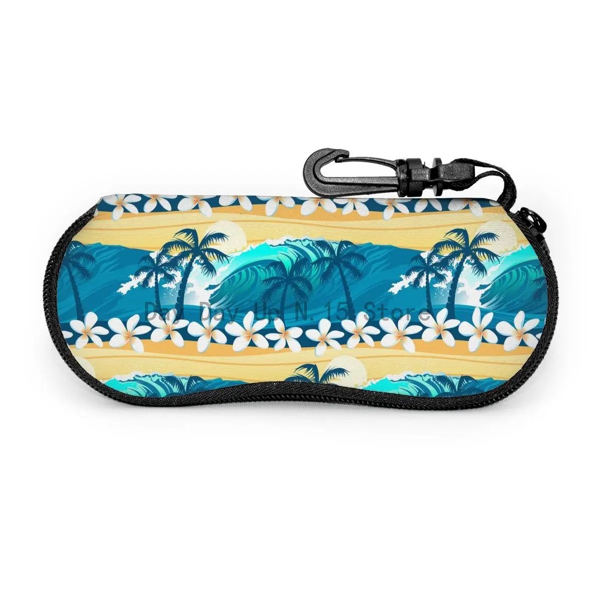 Waves Tropical Beach Pattern Sunglasses Soft Case For Women Men Large Zipper Eyeglass Hook Case