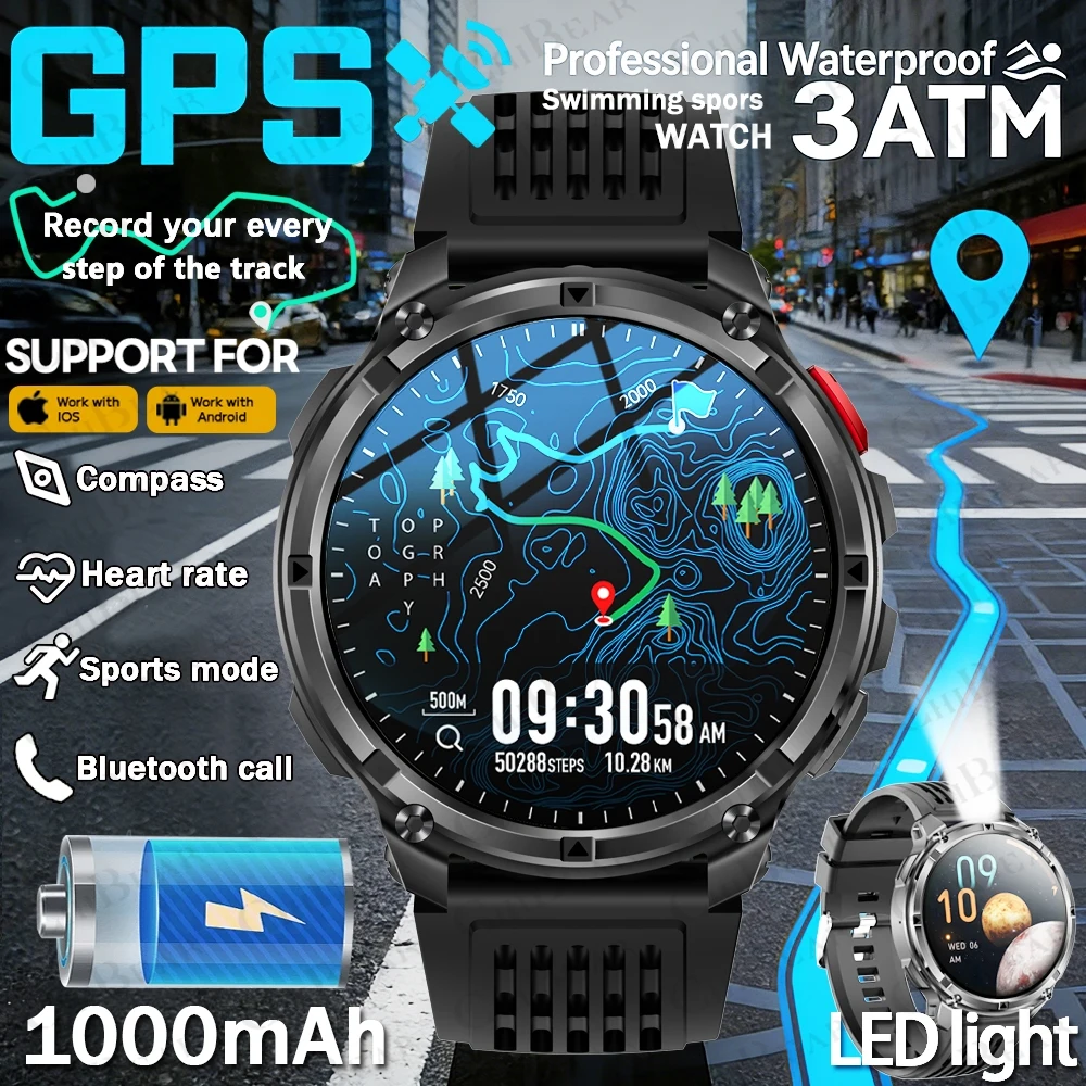 

Умные часы для мужчин с GPS, 1100 мАч, 1,7-дюймовый большой дисплей, водонепроницаемость 3ATM, Bluetooth-звонки, компас, военные смарт-часы для активного отдыха