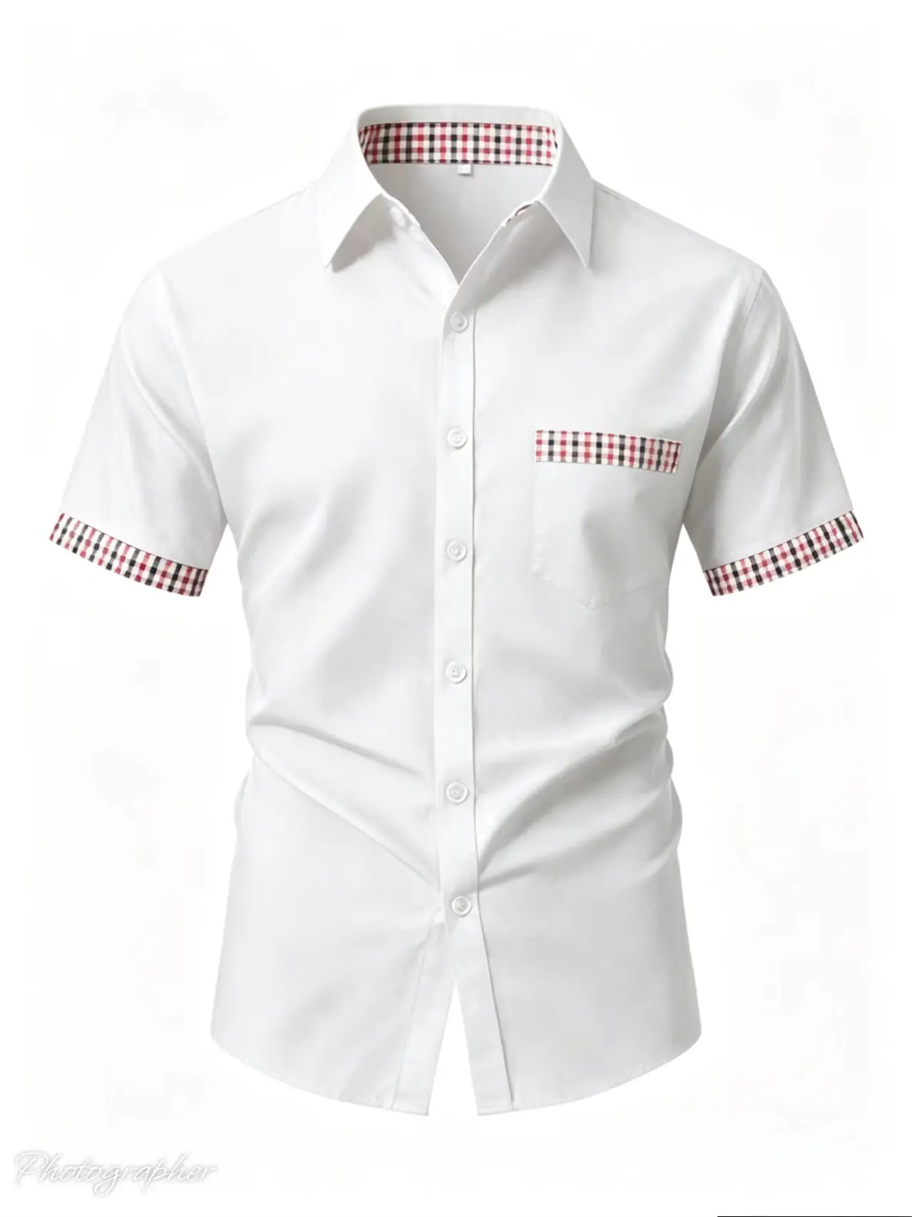 Men's short sleeved shirt with checkered border collar, slim fit and fashionable cuffs and pockets, formal button up top。