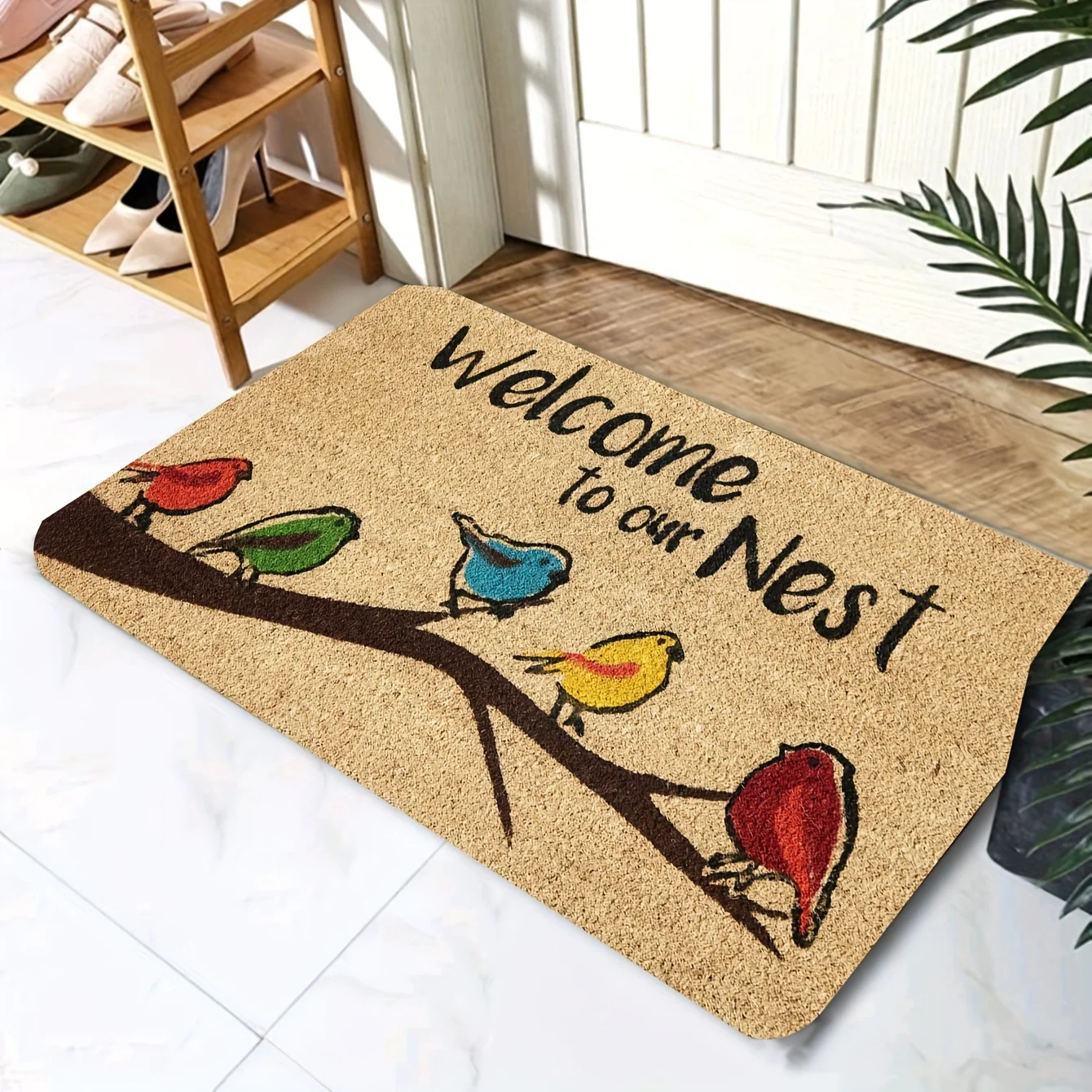 1 unidad, patrón de pájaro "Bienvenido al nuestro nido", lavable a máquina, tapete de entrada rectangular para interior/exterior para sala de estar, dormitorio