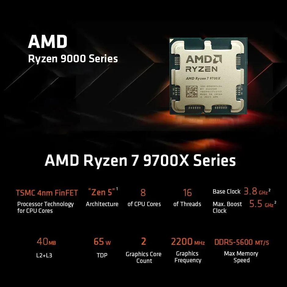 NEW AMD Ryzen 7 9700X R7 9700X 5.5GHz 8-Core 16-Thread Desktop CPU Processor 4NM 40M 100-000001404 Socket AM5 Without Fan